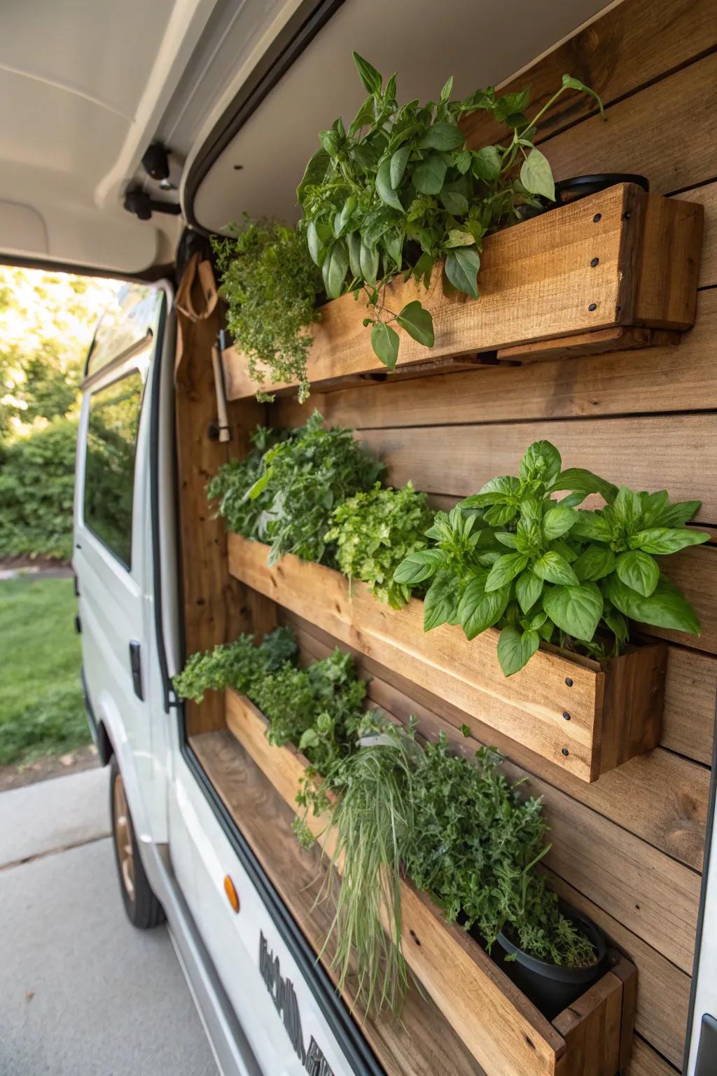 Transform your space with a touch of nature: a handcrafted herb garden for your van life adventures.