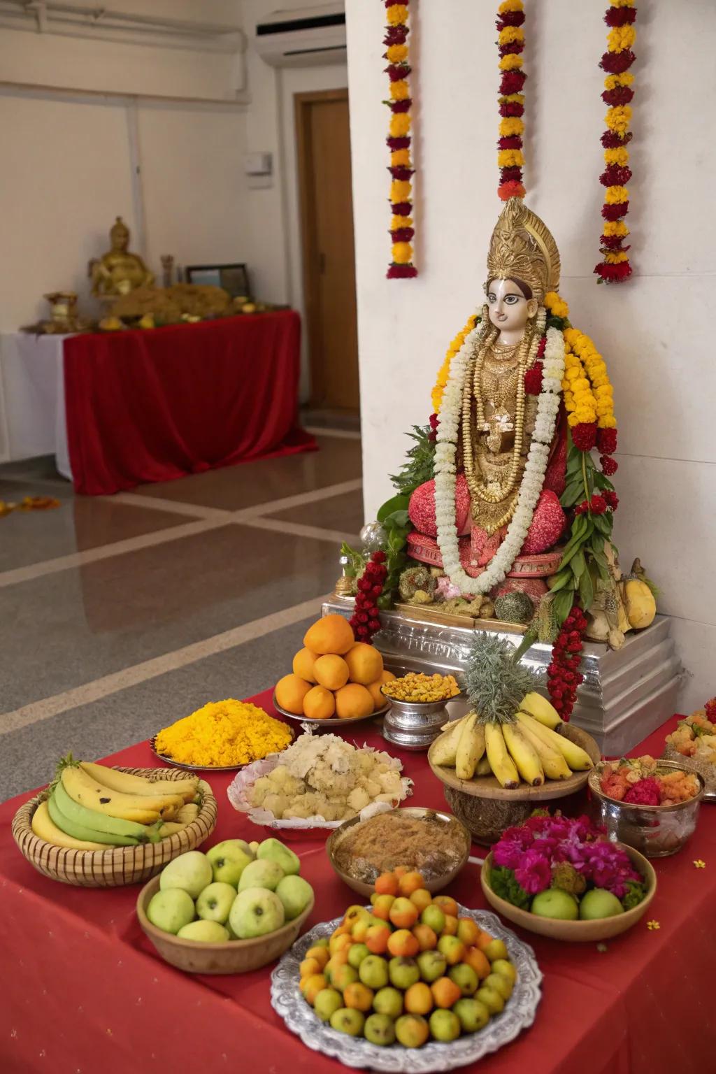 Fruits and offerings beautifully displayed for the Varalakshmi Vratam.