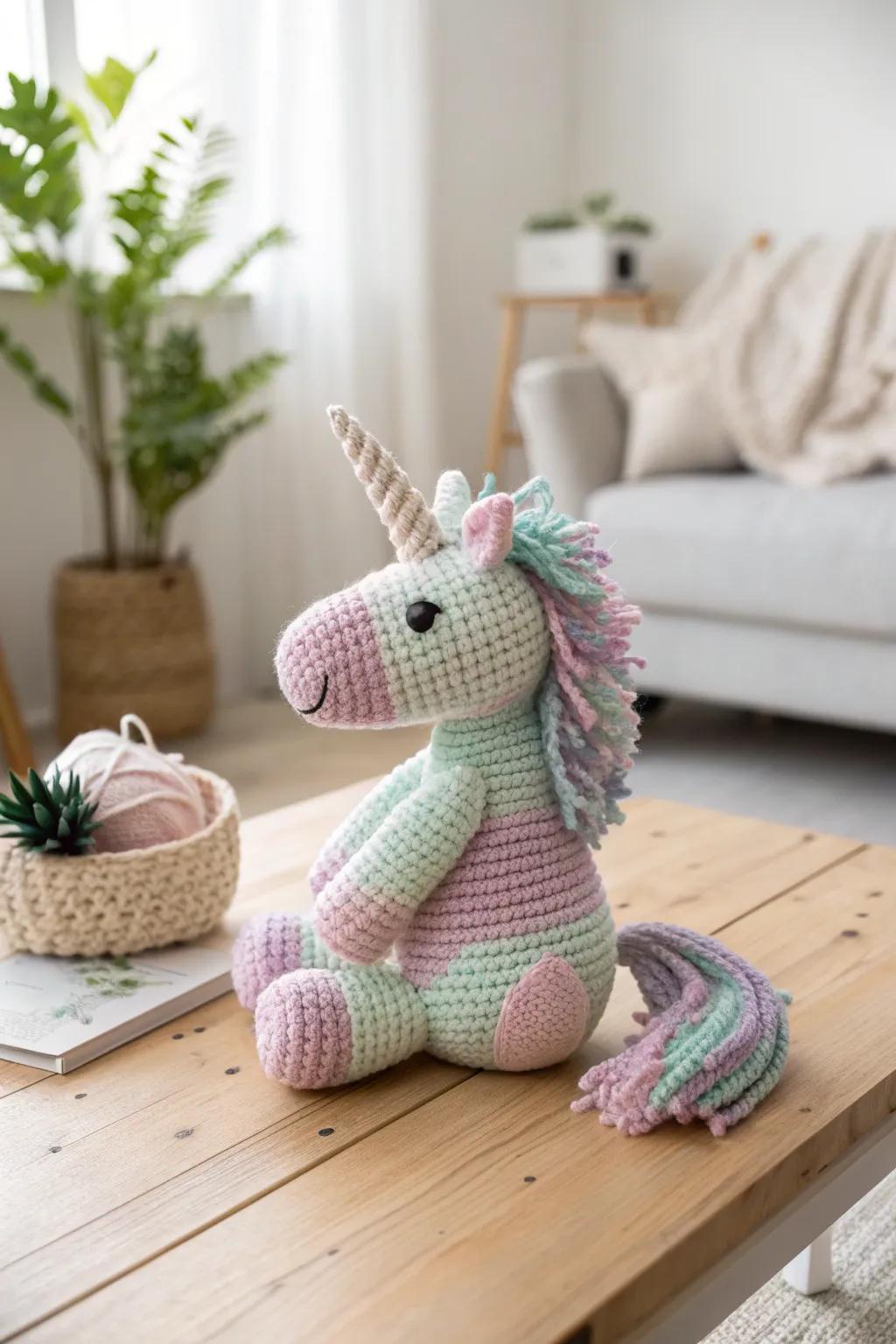 Enchant your space with a touch of magic—this variegated yarn unicorn is where whimsy meets craftsmanship.