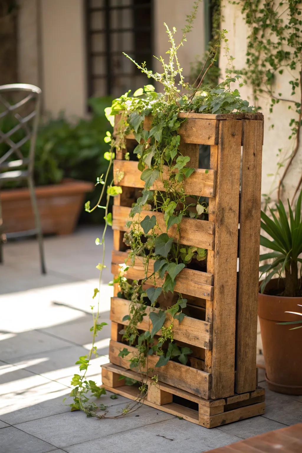 Transform your patio into a serene oasis with a handcrafted vertical pallet garden.