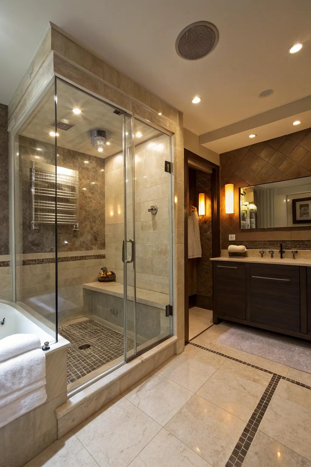 Ambient lighting adds warmth and a tranquil mood to your steam shower.