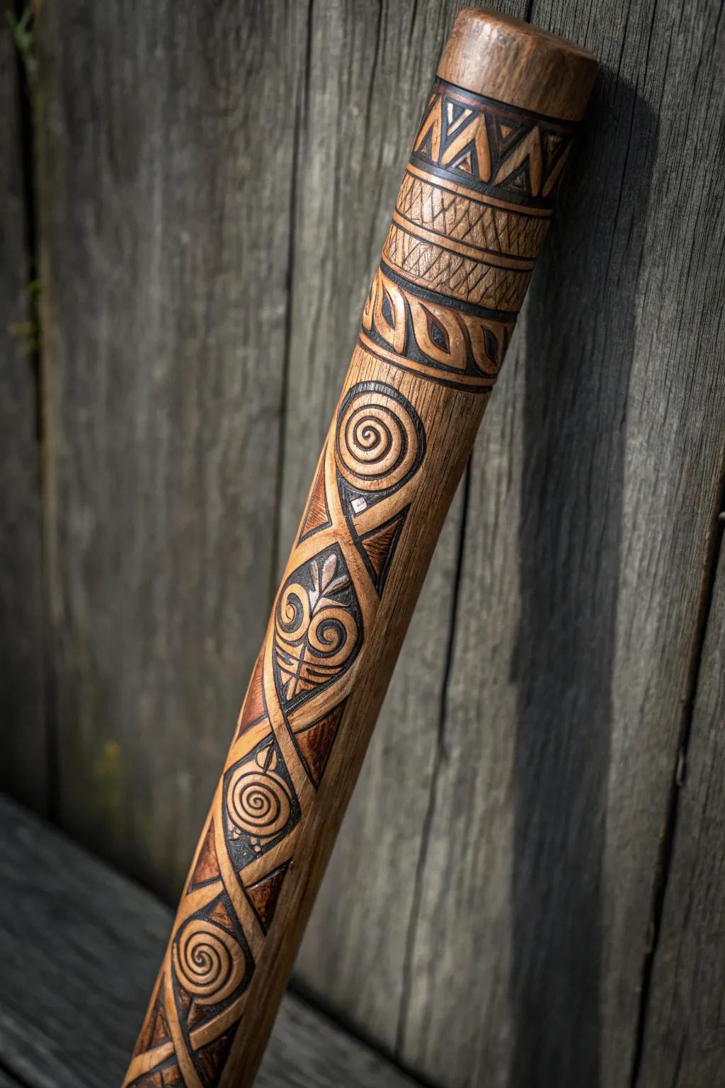 Embrace the art of storytelling with a walking stick that speaks through its tribal designs.
