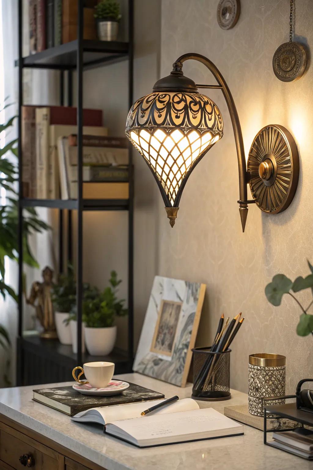 Combine light and art with decorative wall-mounted lamps.