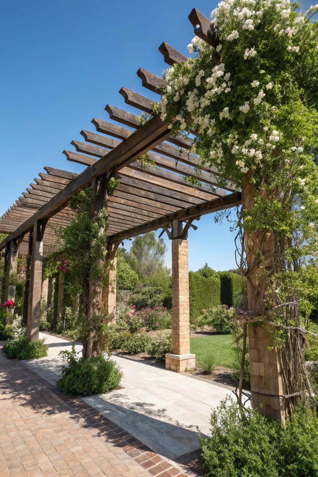 Experience serenity with a pergola that seamlessly integrates nature and craftsmanship.