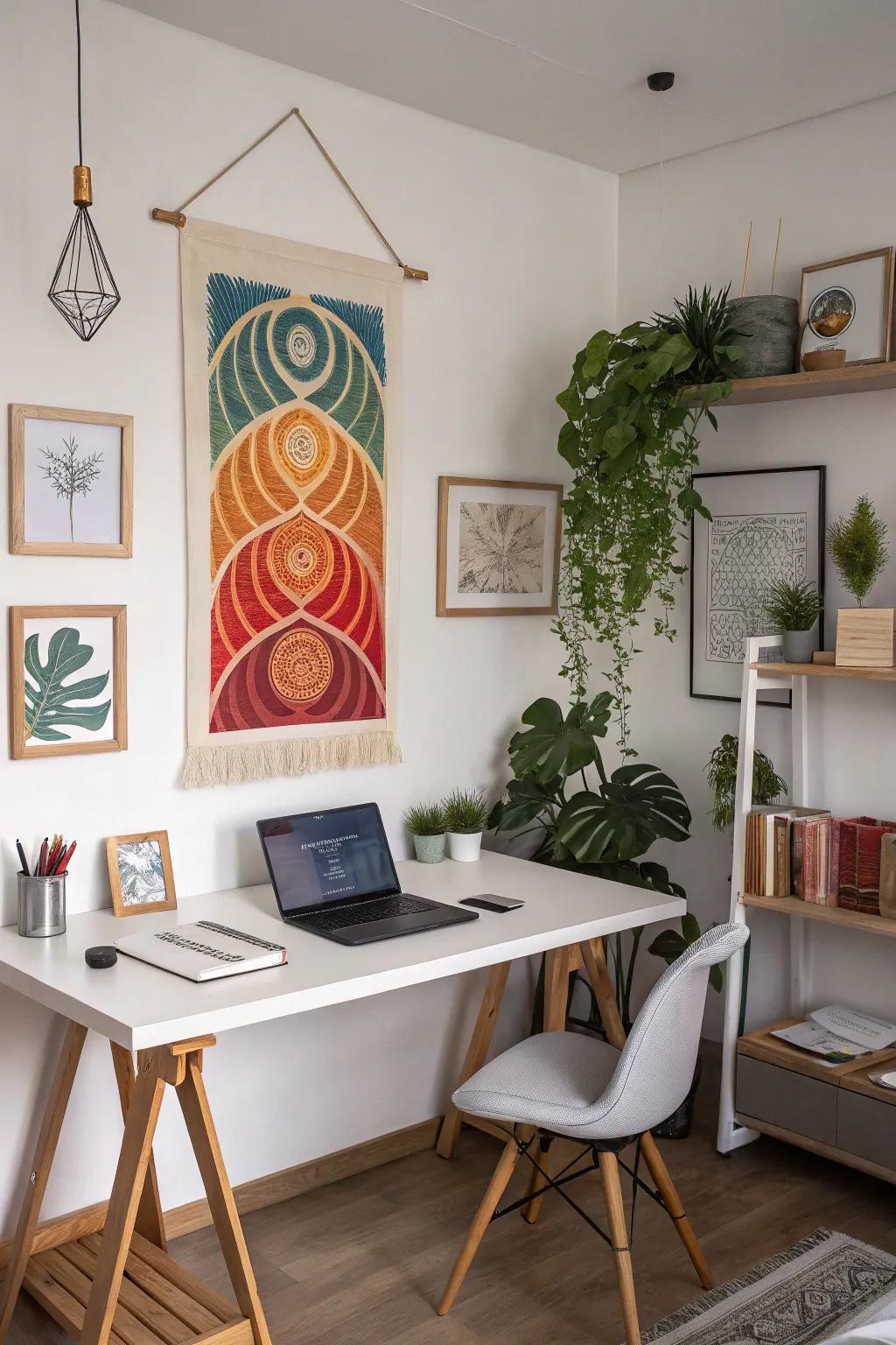 Abstract art with symbolism enhances the emotional atmosphere in a workspace.