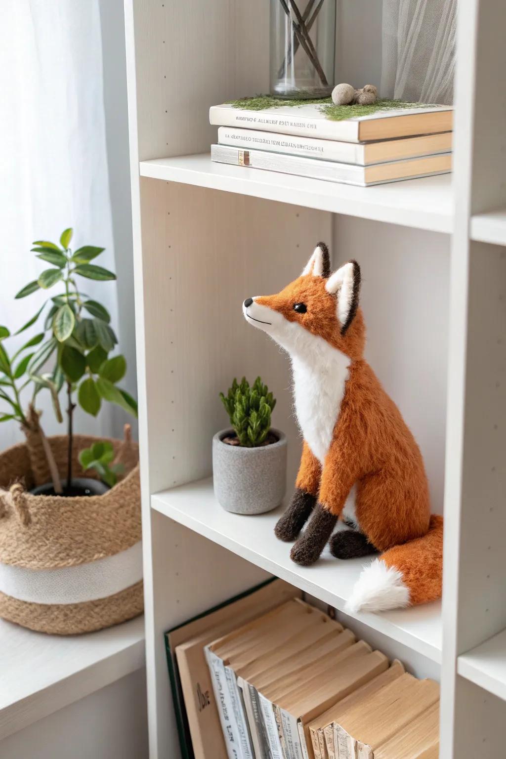 Add a touch of whimsy to your space with this delightful felted fox, perfect for a minimalist setting.