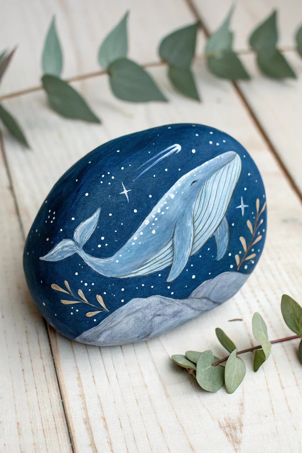 Capture the magic of the ocean with this enchanting whale and stars rock painting.