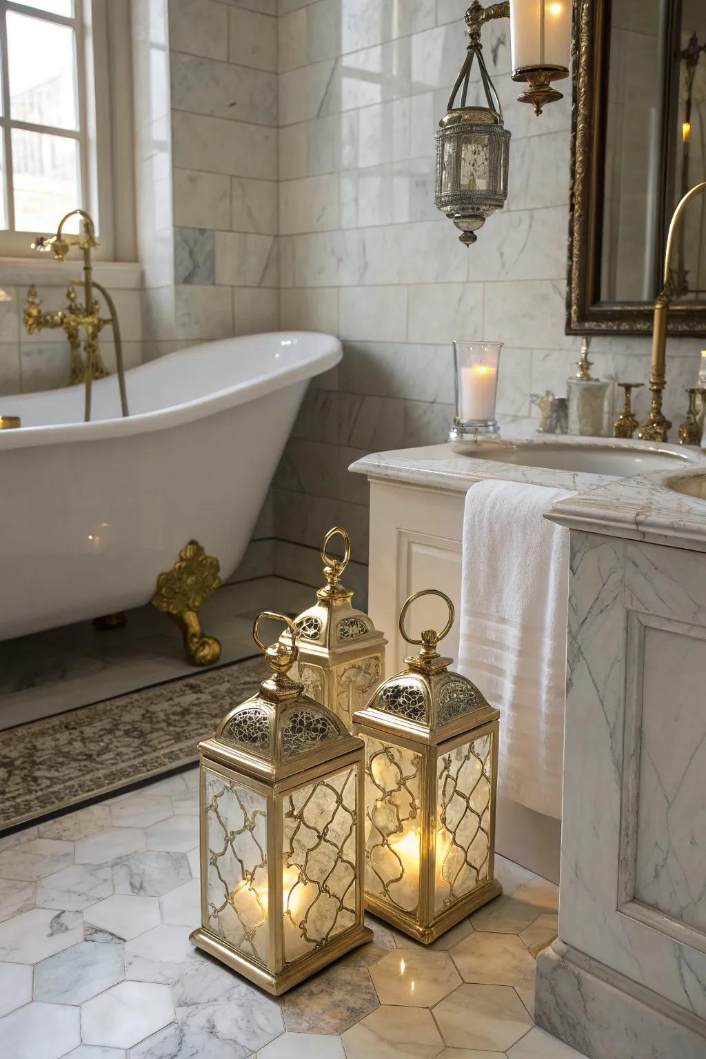 Turn your bathroom into a serene escape with the soft glow of lanterns.