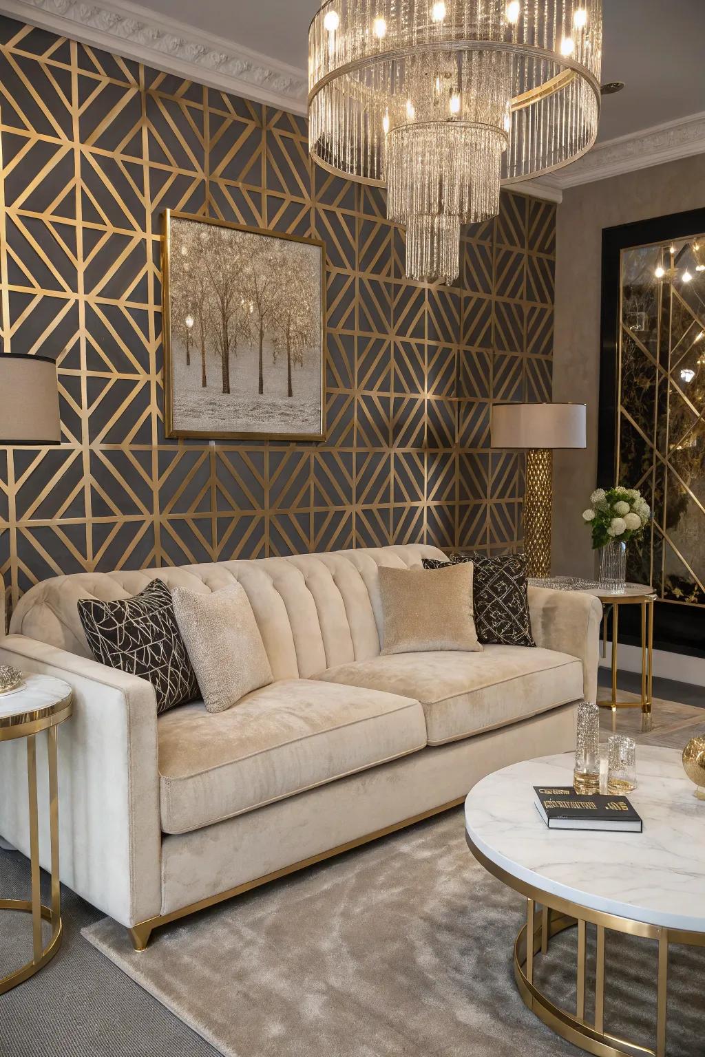 Art Deco glam with beige and white sophistication.