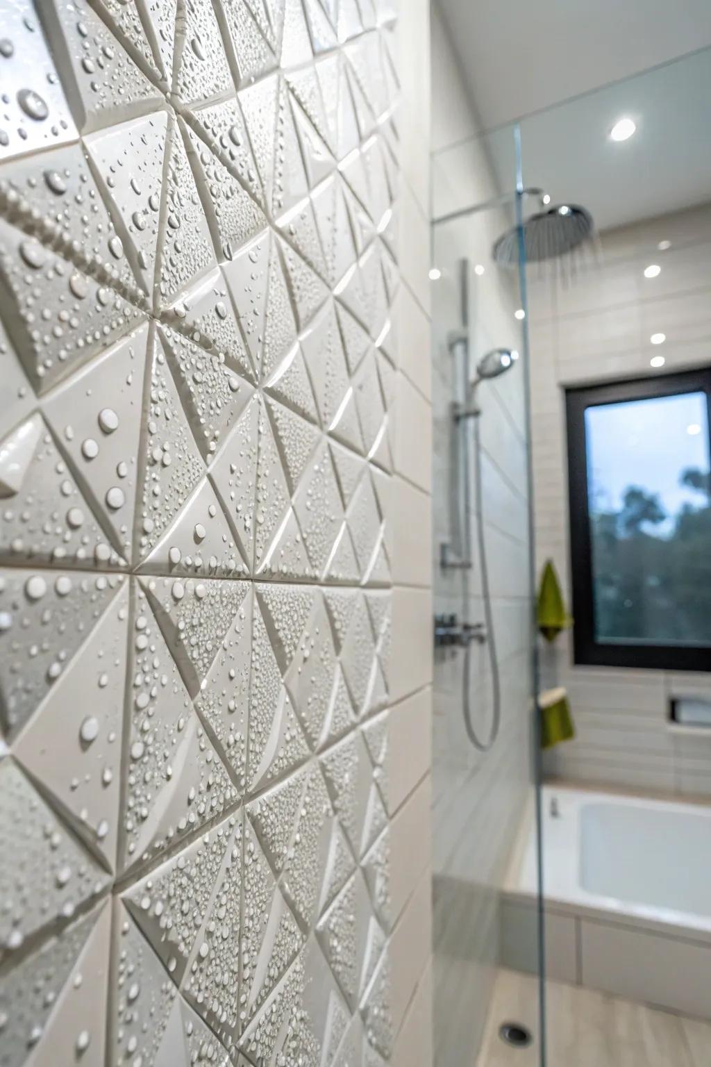 Geometric patterns lend a modern touch to white shower tiles.