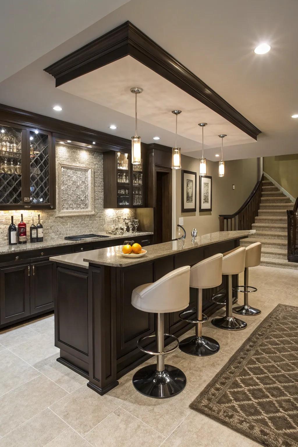A home bar adds a touch of sophistication to a basement.