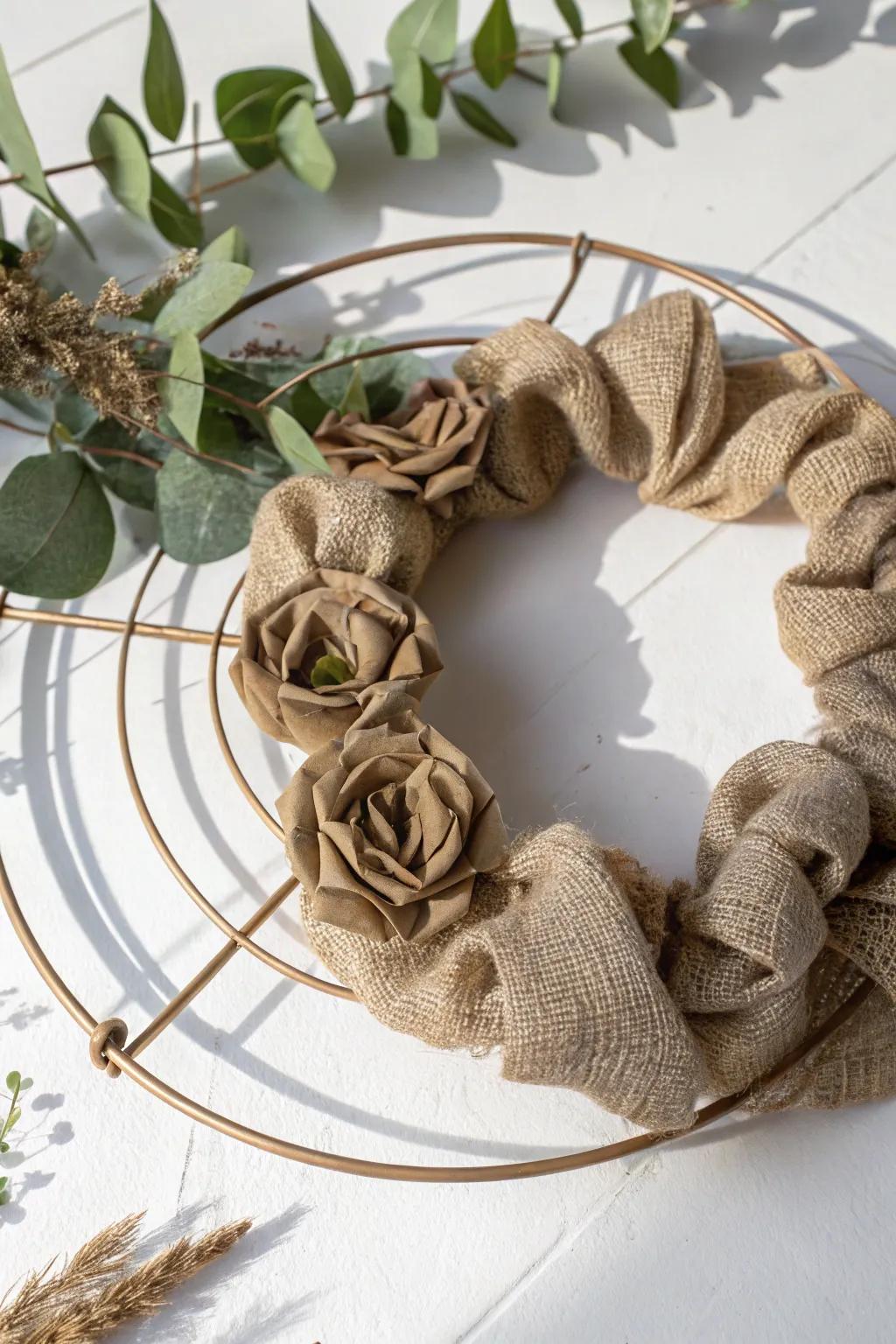 Embrace rustic elegance with a burlap-wrapped wreath that complements any season.
