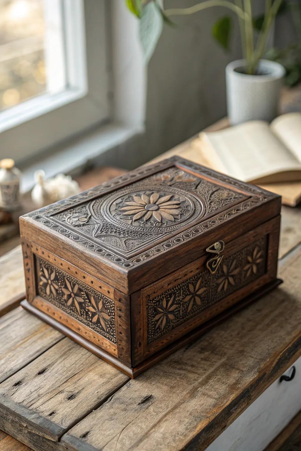 A masterpiece of craftsmanship: Secure your treasures in style with this engraved wooden box.