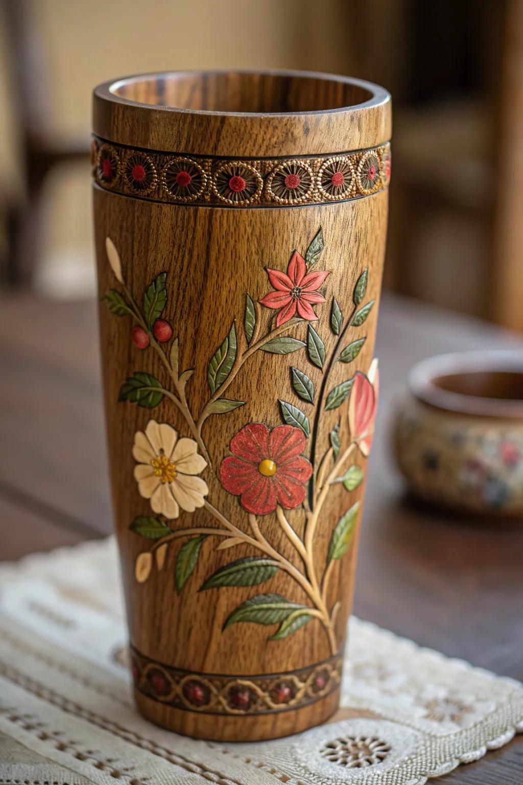 Carry a piece of nature with you with this beautifully crafted floral wood grain tumbler.