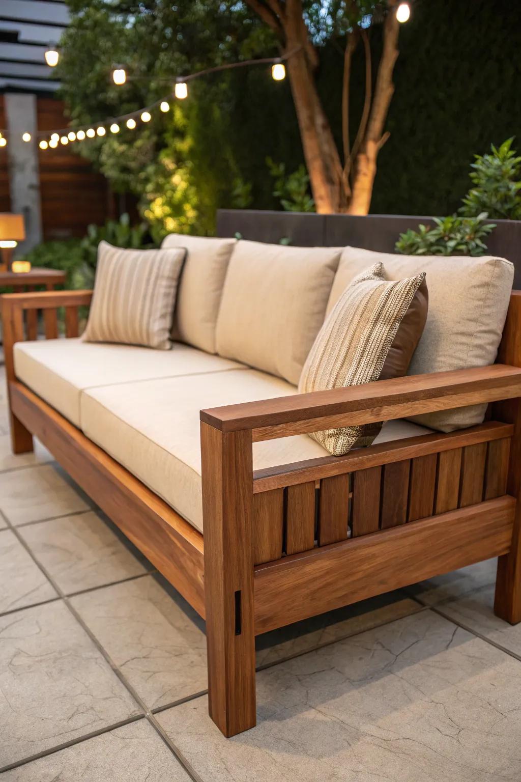 Elevate your patio with a handcrafted cedar wood sofa, perfect for summer gatherings.