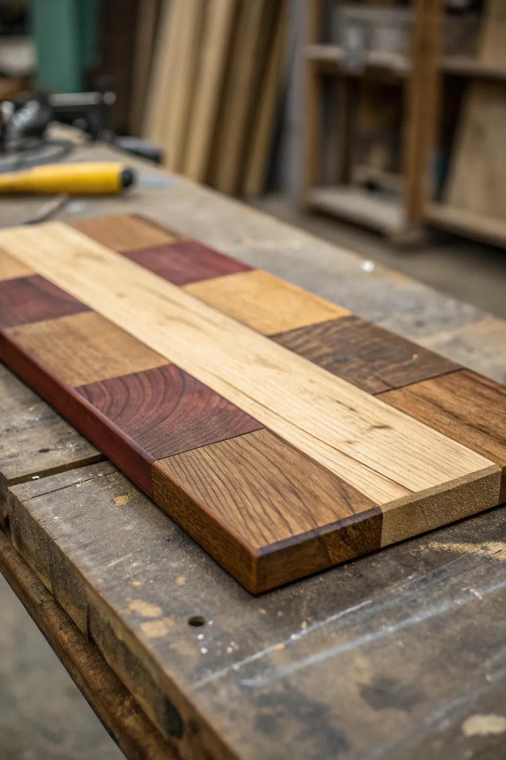 Explore the art of wood staining with a spectrum of rich hues on a single plank, showcasing true craftsmanship.