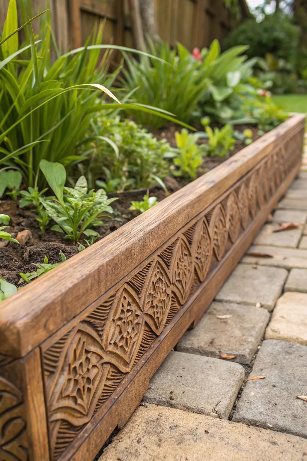 Enhance your garden's elegance with handcrafted wooden edging that seamlessly blends with nature.