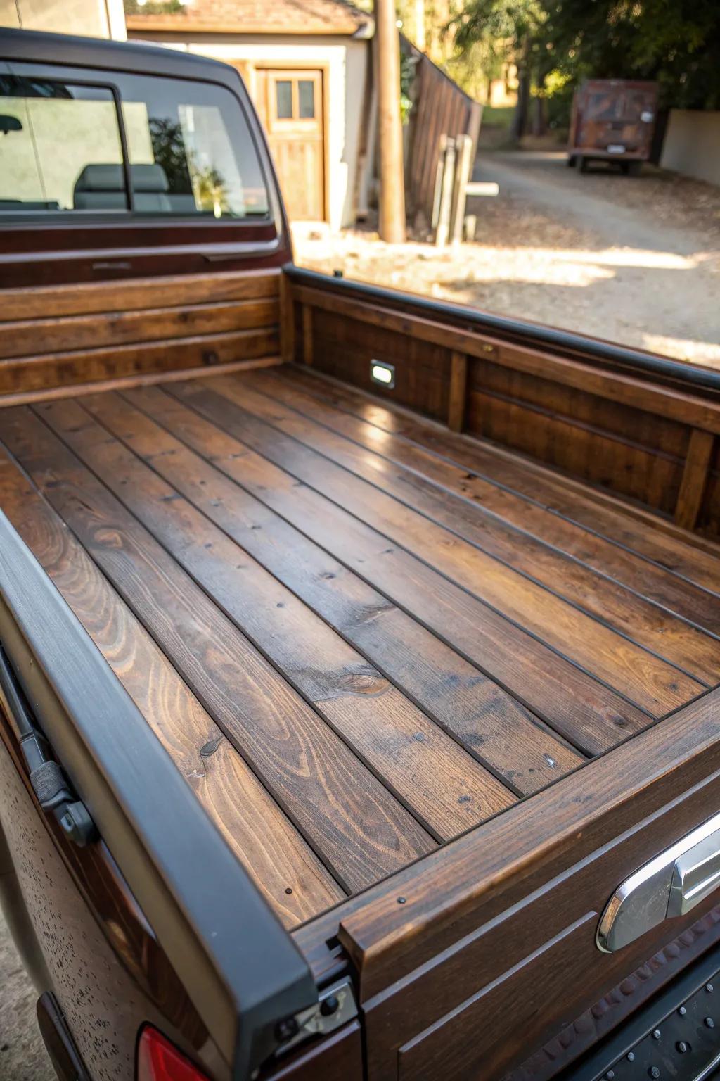 Transform your truck with a bespoke walnut wood bed liner for unparalleled style and durability.
