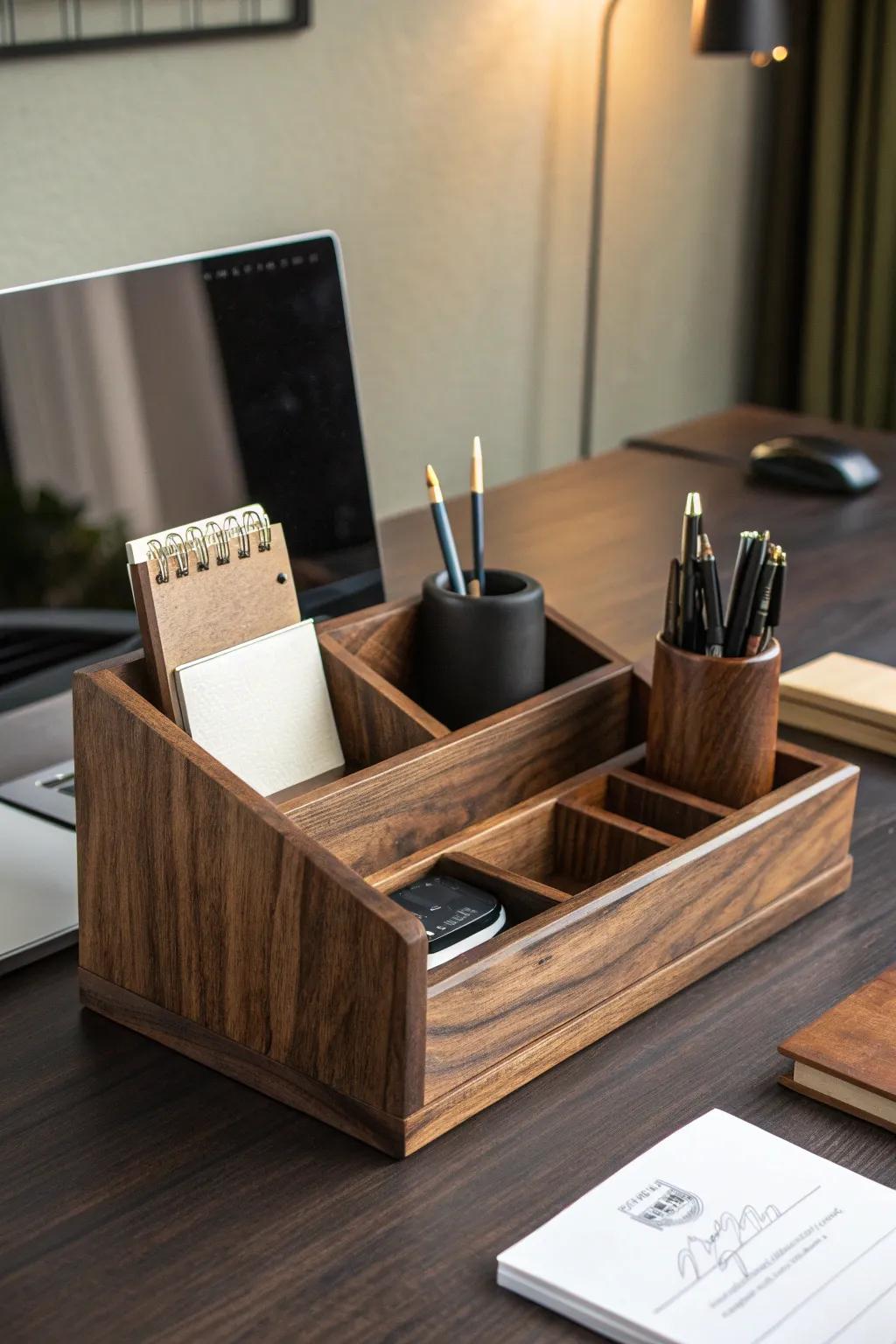 Elevate your workspace with this handcrafted wooden organizer, where style meets functionality.
