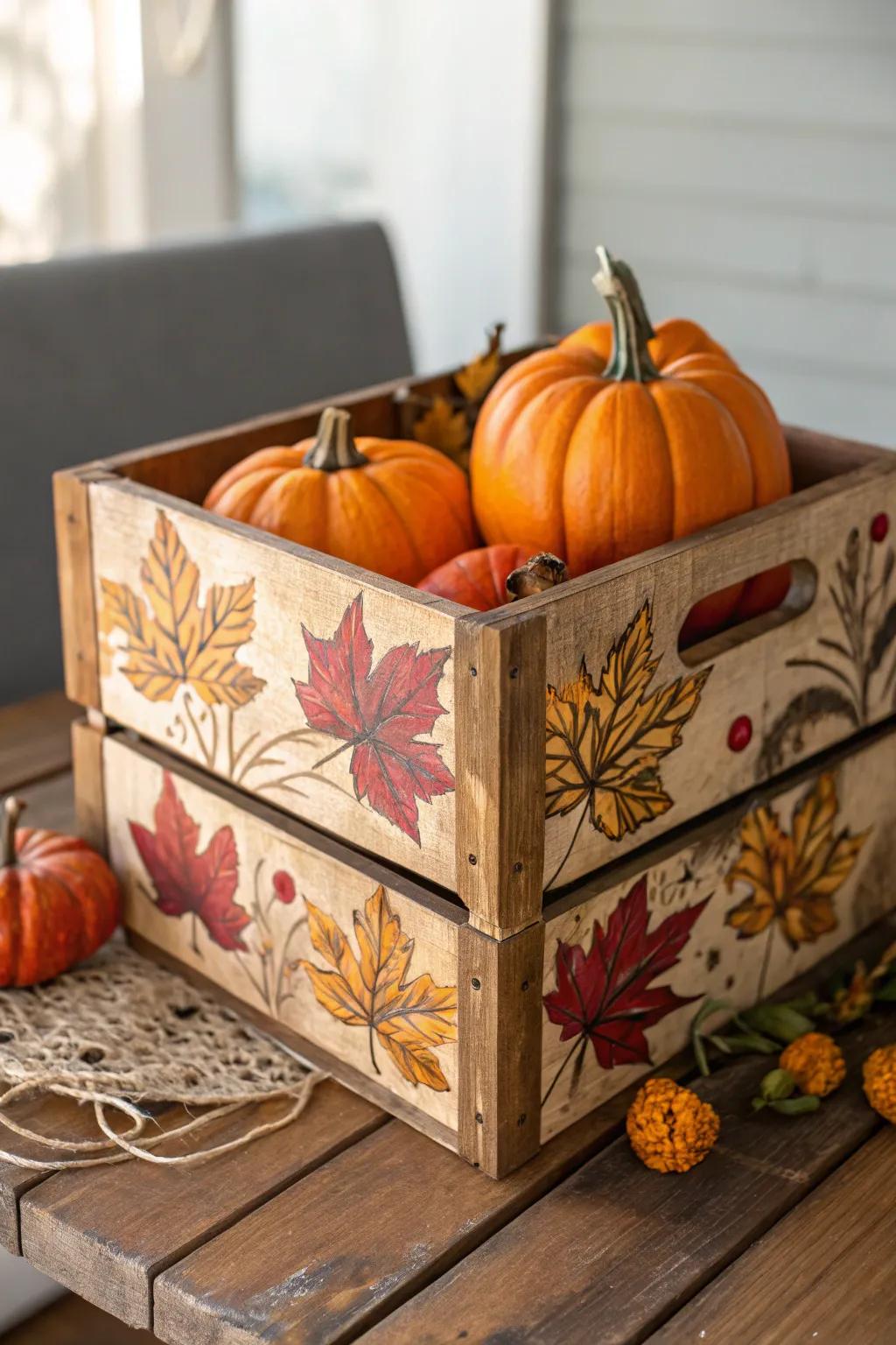 Embrace the season with this artisan-crafted autumn-themed wooden crate, perfect for adding a touch of fall to any space.