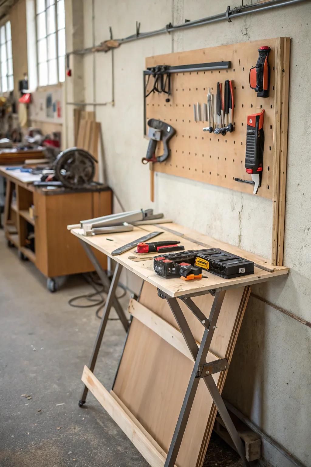 Foldable workbenches offer flexibility for compact workshop spaces.