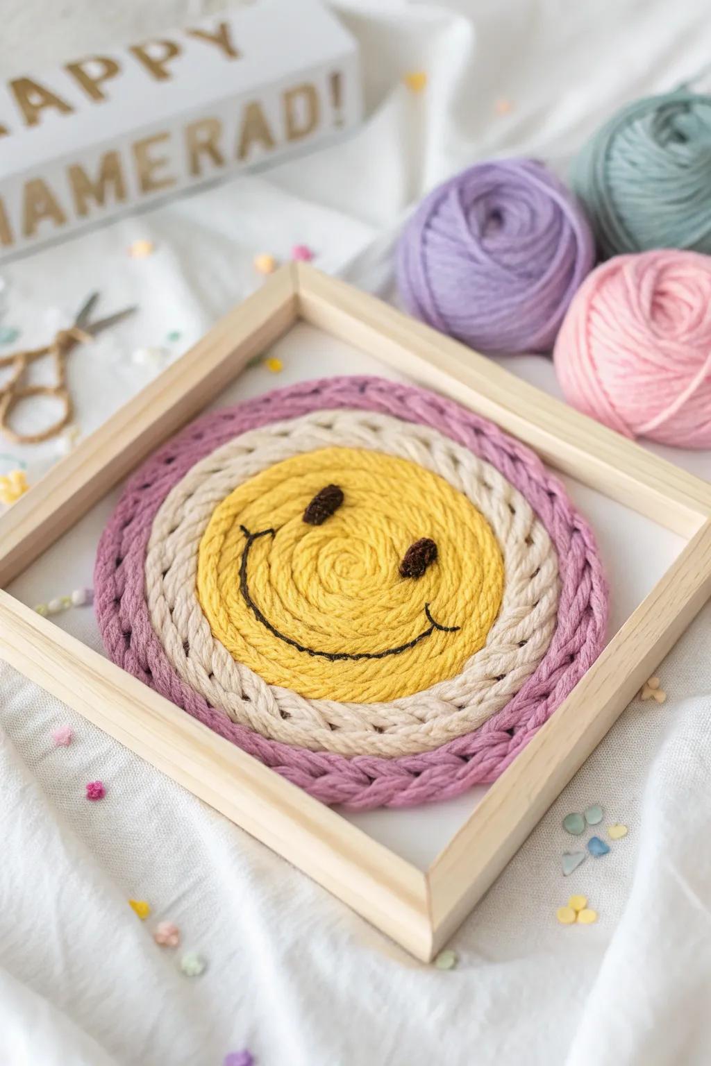 Brighten your space with a touch of emoji fun! This charming yarn art piece combines minimalist elegance with boho flair, sure to bring a smile every day.