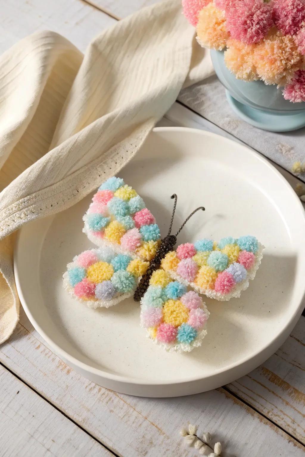 Add a flutter of joy to your space with a pom pom butterfly, where simplicity meets playful elegance.