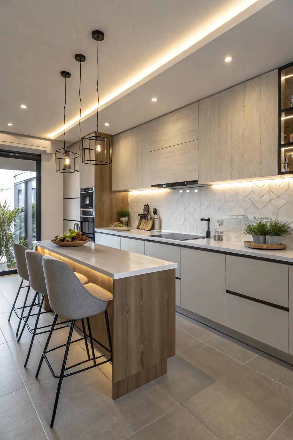 A matte finish on the quartz backsplash offers understated elegance.