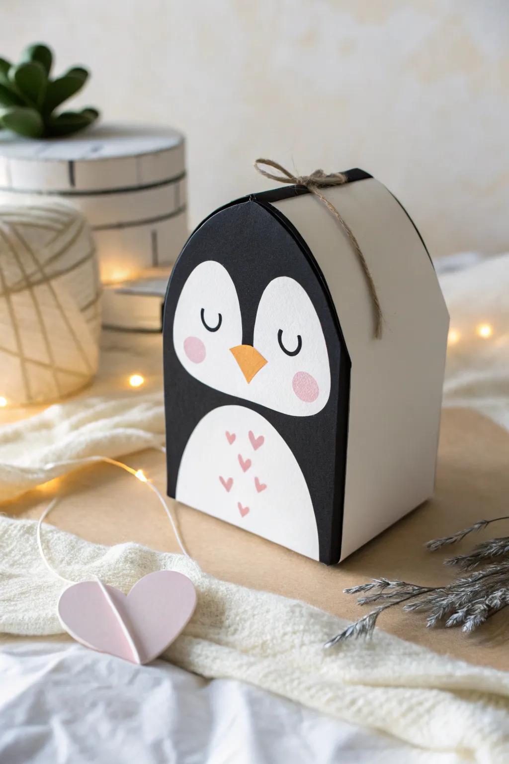 Crafted with love: A minimalist penguin Valentine box that captures the heart.