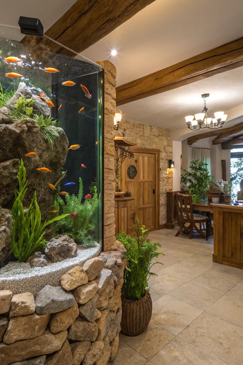 Natural elements around an aquarium create a harmonious aesthetic.