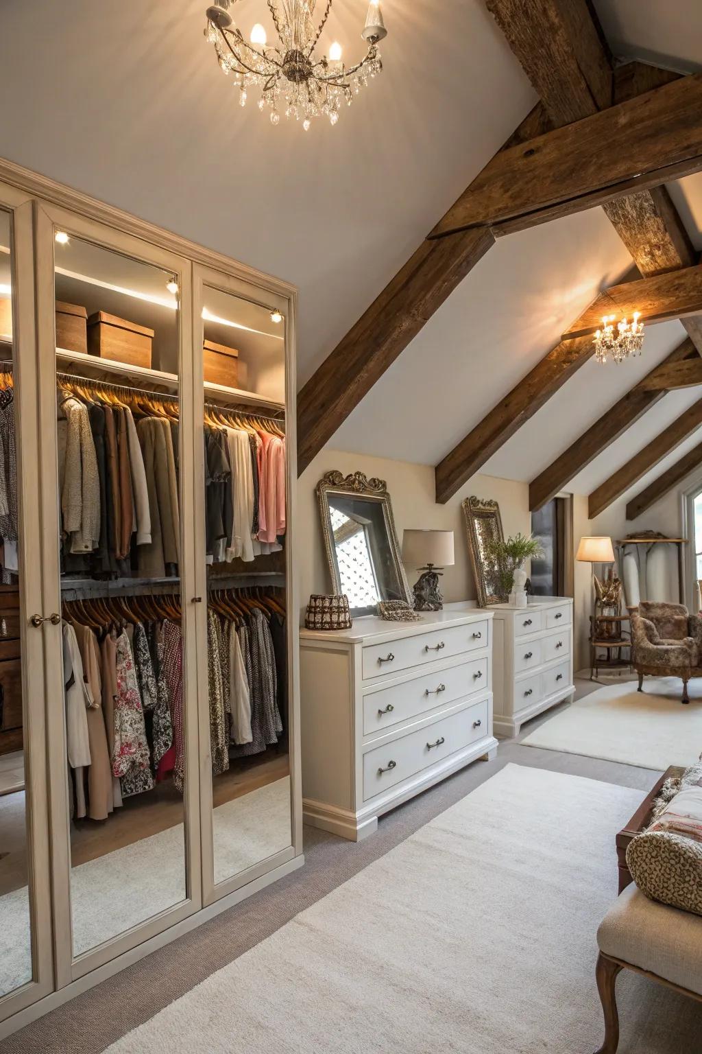A sophisticated dressing room in the attic, perfect for fashion lovers.