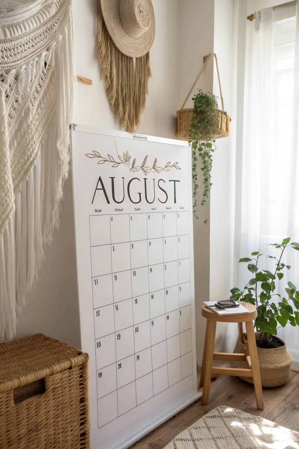 Transform your August with stylish fonts and a touch of minimalist elegance on your whiteboard calendar.