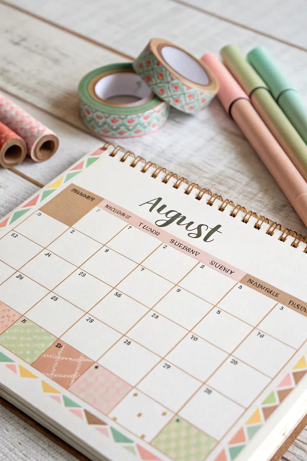 Transform your August calendar into a colorful masterpiece with washi tapes and markers. Embrace simplicity and creativity!