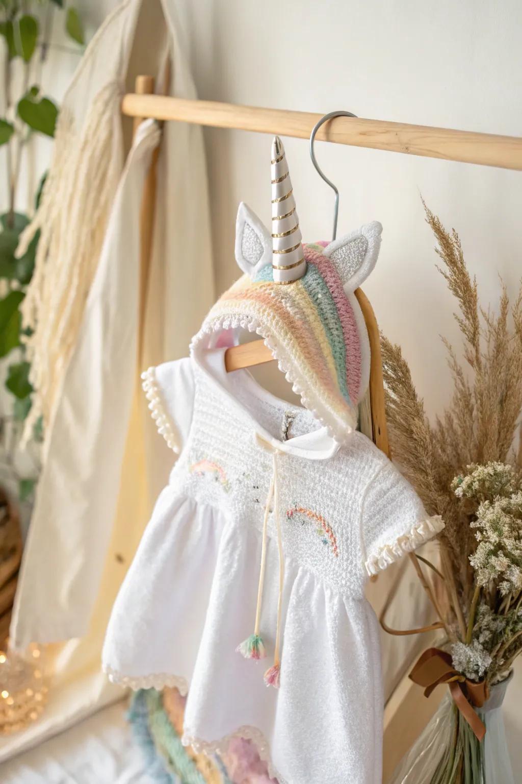 Embrace the magic with this enchanting unicorn costume, where whimsy meets minimalist elegance.