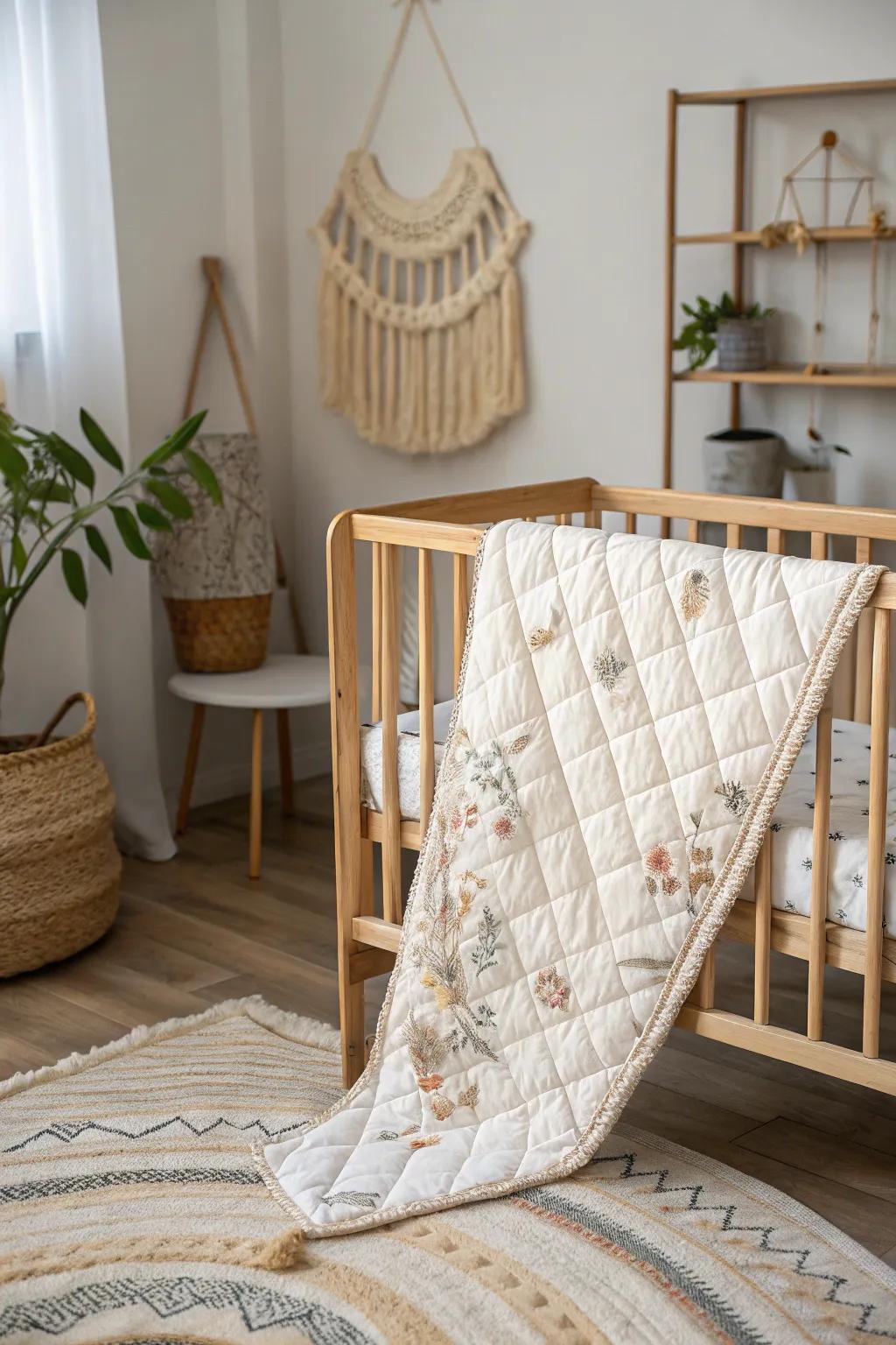 Transform your nursery into a cozy haven with a handcrafted quilt that adds warmth and charm.