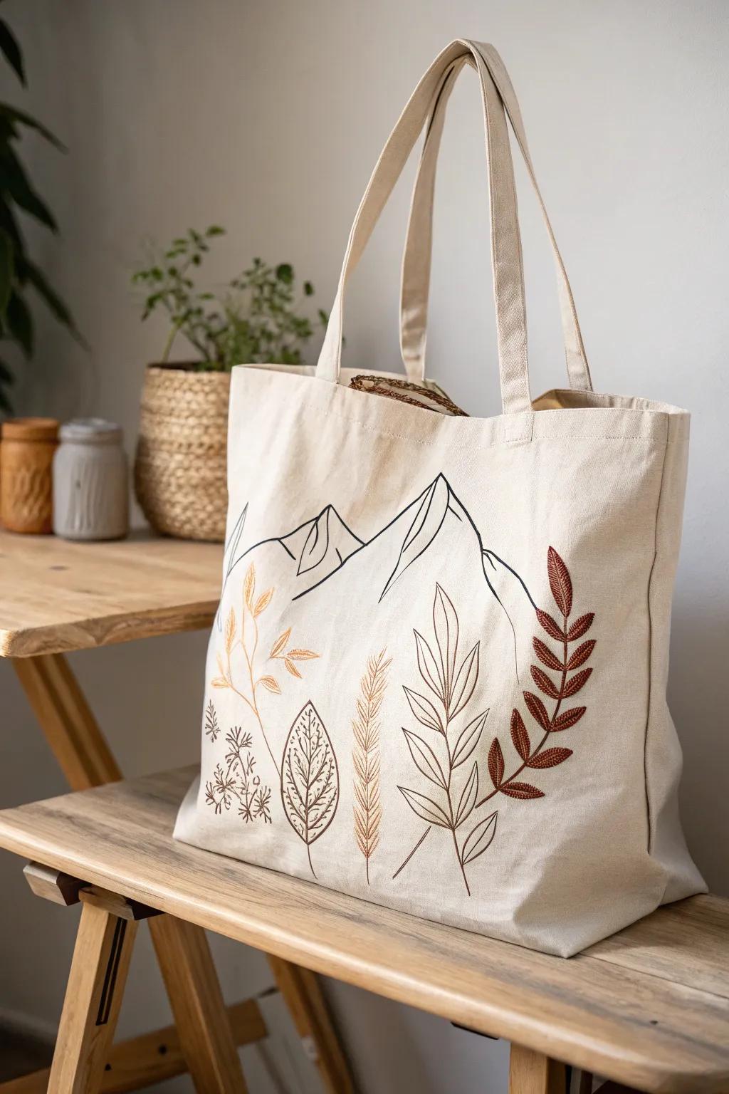 Embrace nature with this minimalist tote, featuring delicate hand-stitched motifs that bring the outdoors in.