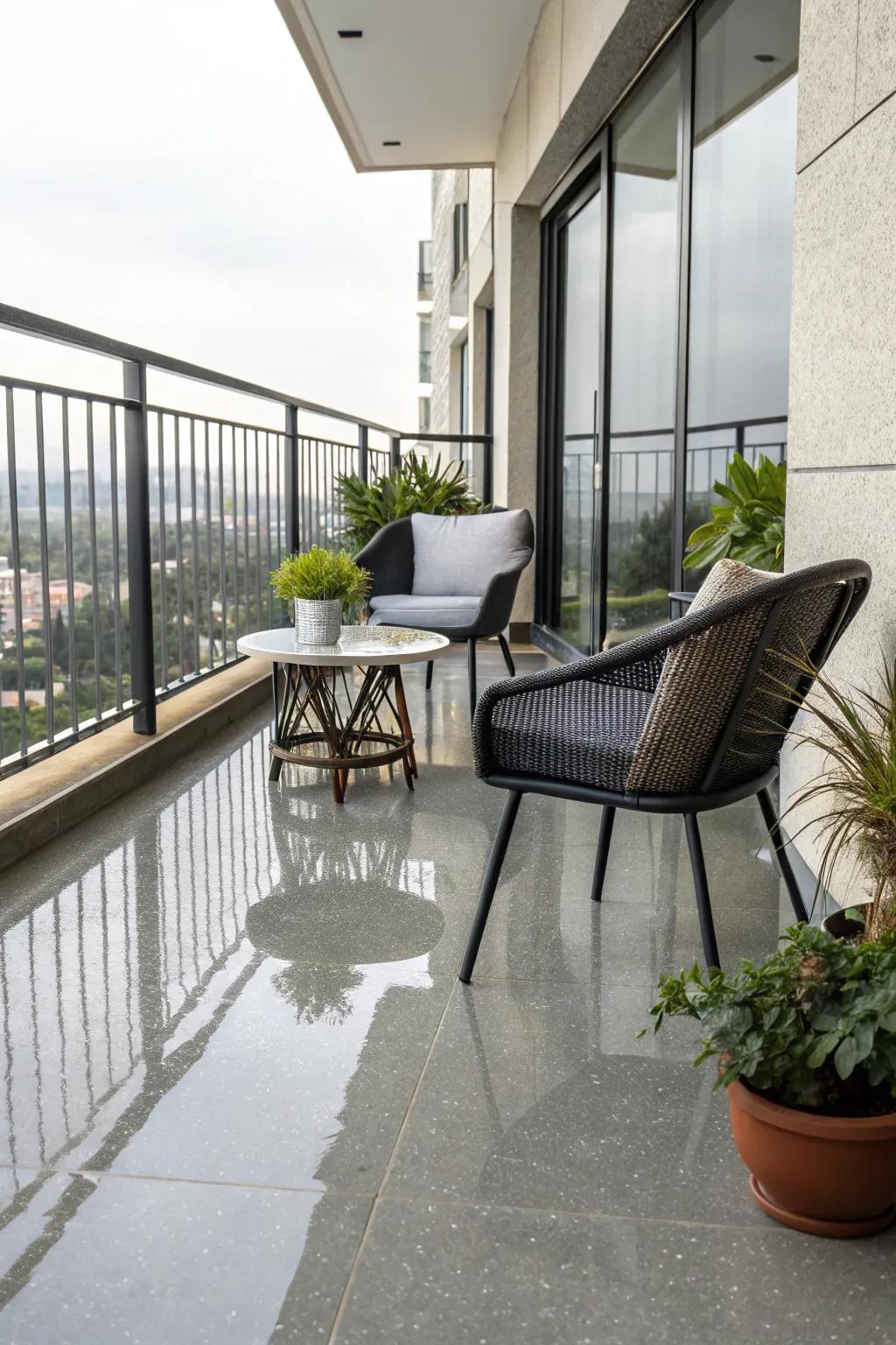 Epoxy coating offers a sleek and luxurious finish to balcony floors.