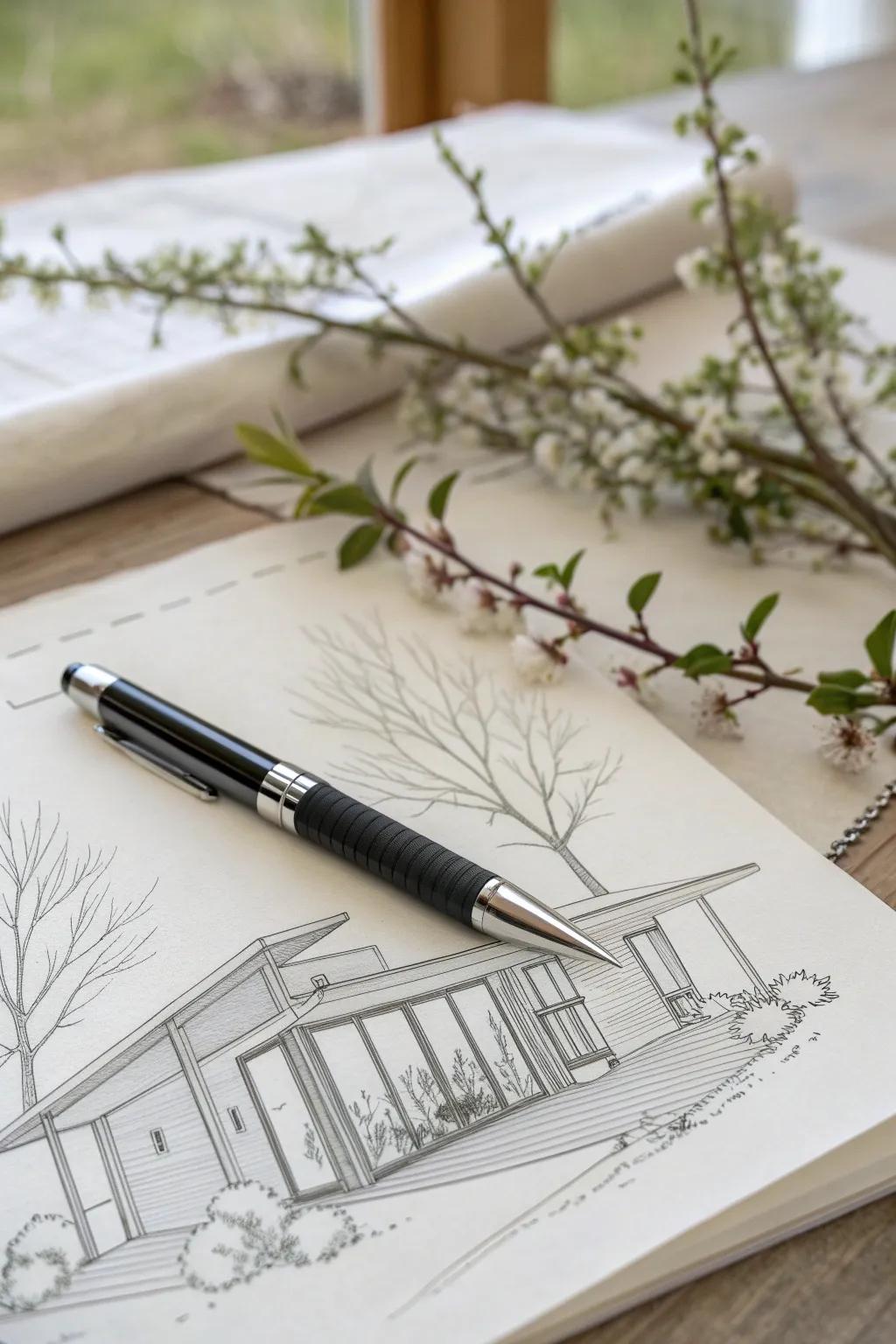 Merge man-made marvels with nature's embrace—pen your architectural dreams with elegance.