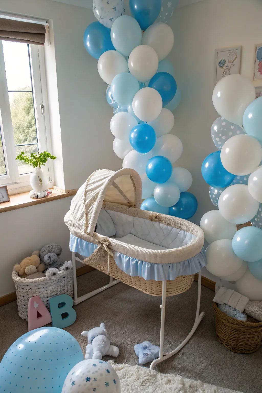 Festive balloon arrangements around the bassinet.
