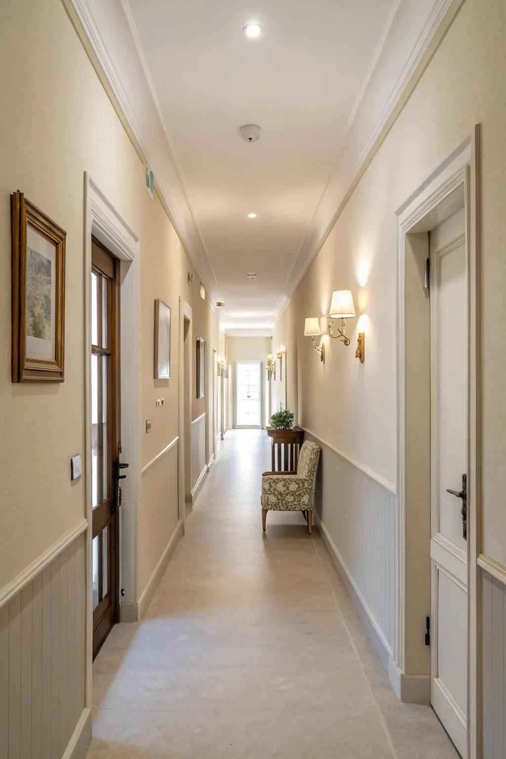 Light neutral colors create an open and airy hallway.