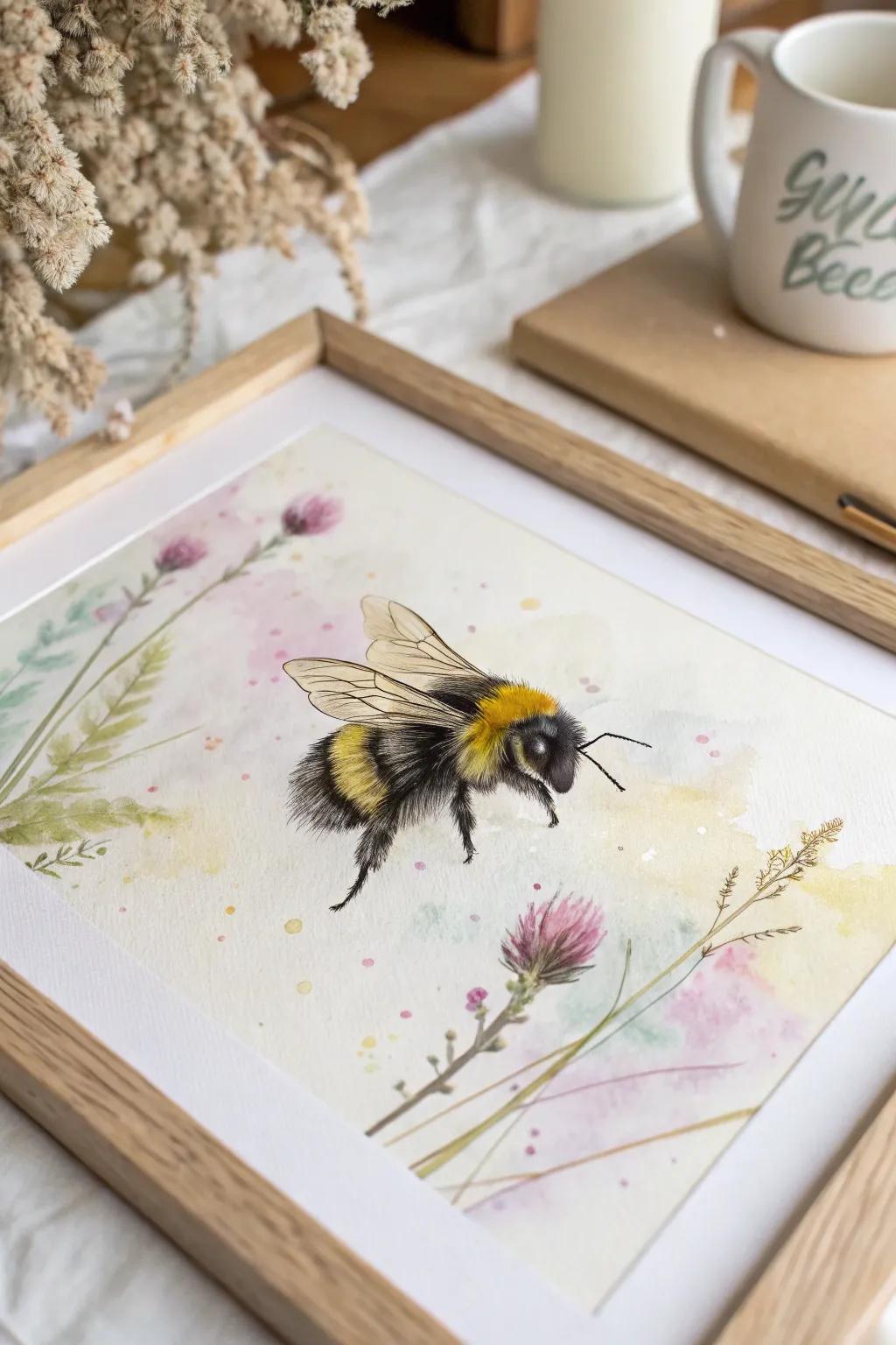 Capture the gentle beauty of nature with this exquisite watercolor bee art.