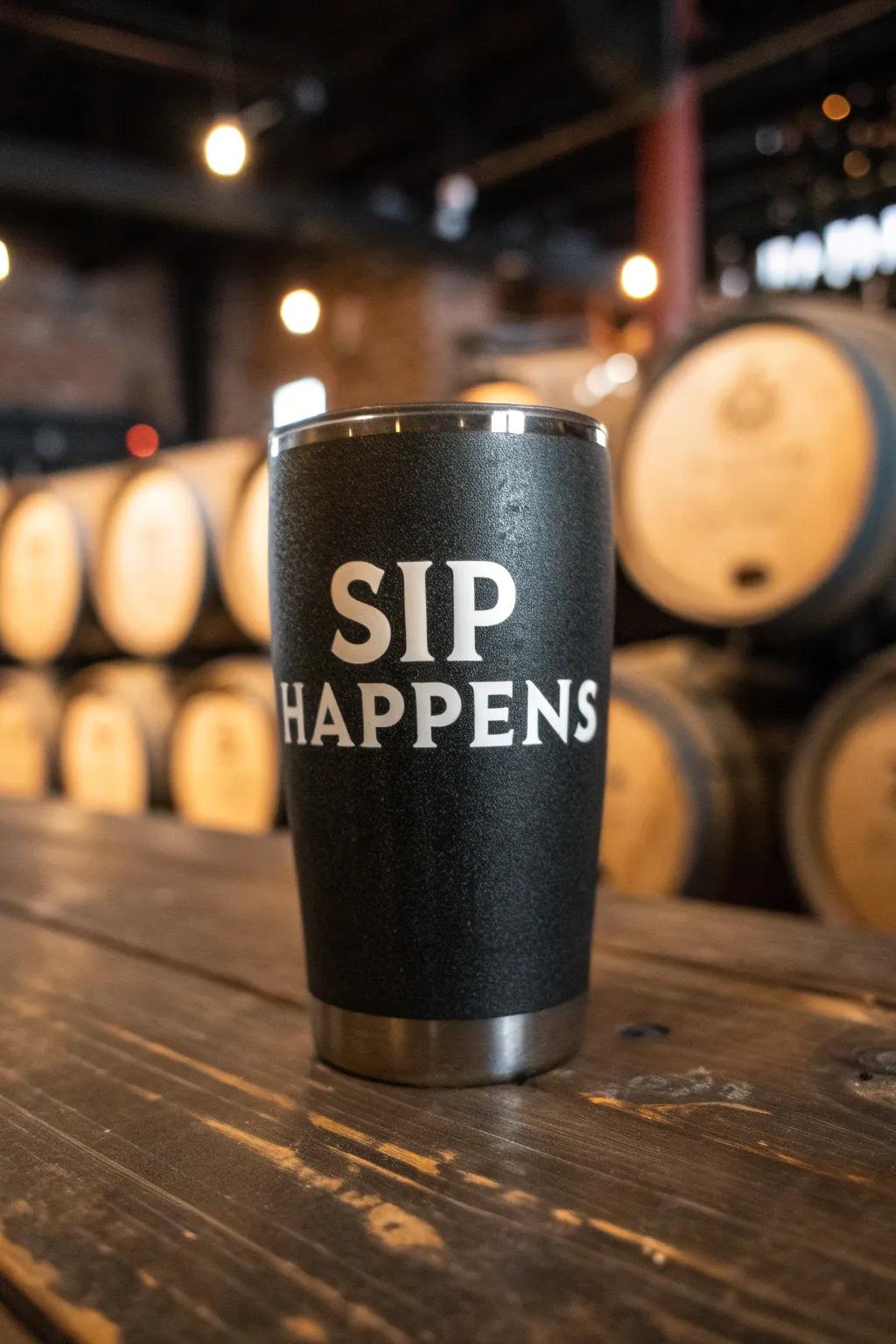 Add a touch of humor to your drink with this artisan-crafted 'Sip Happens' tumbler.