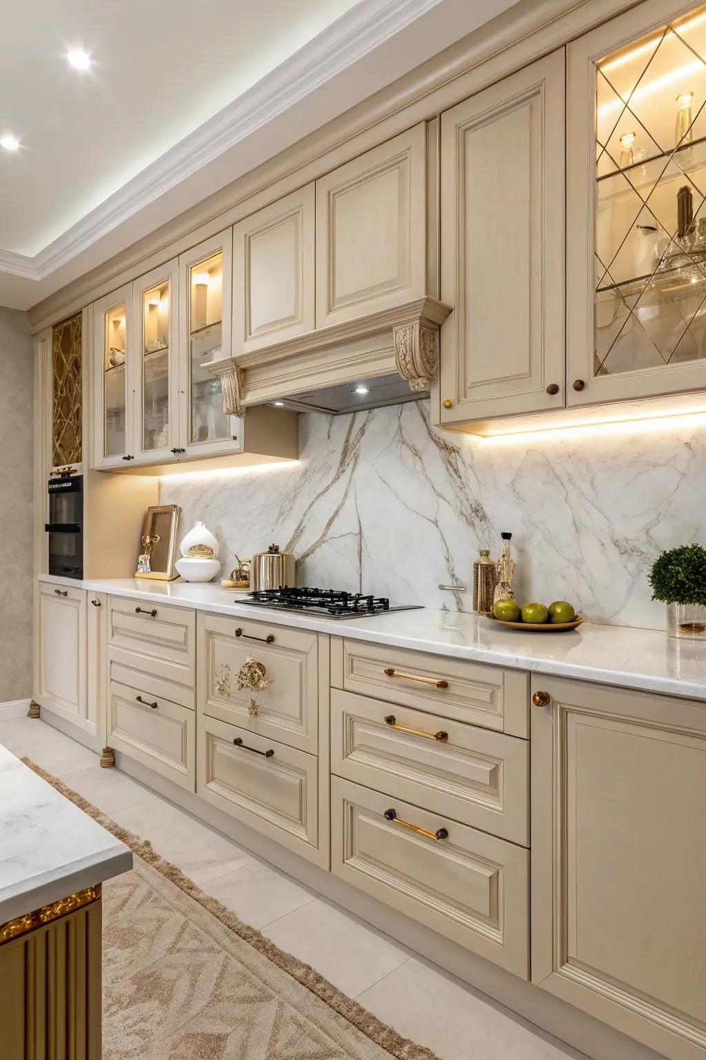 Textured marble backsplash complements beige cabinets.