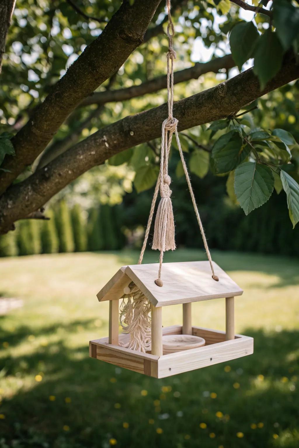 Create a floating bird cafe with this minimalist tree-hanging feeder, a perfect blend of nature and design.