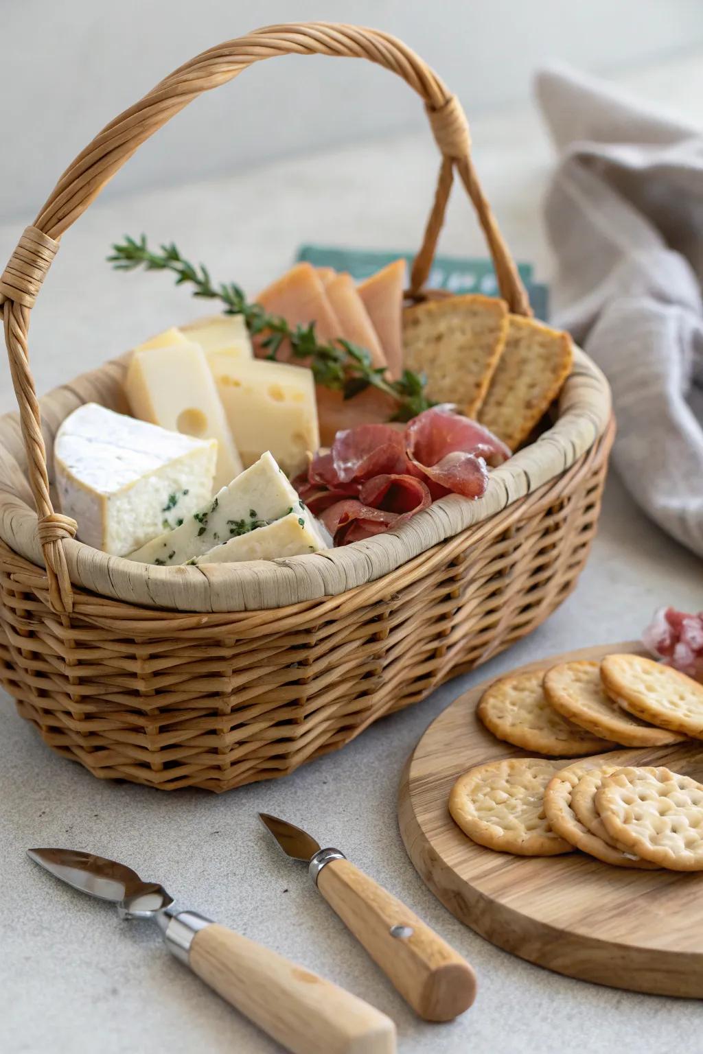 Elevate your gift game with a touch of elegance: Artisan Cheese & Charcuterie Basket.