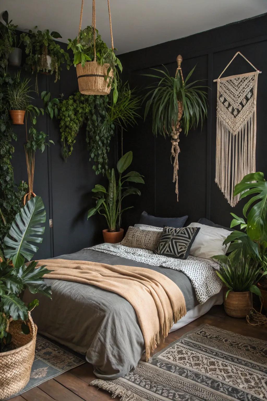 Indoor plants breathe life into the rich tones of a black boho bedroom.