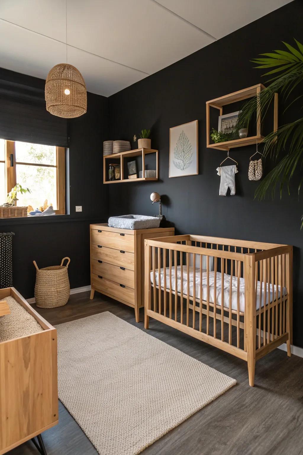 Natural materials add warmth and balance to the black nursery.