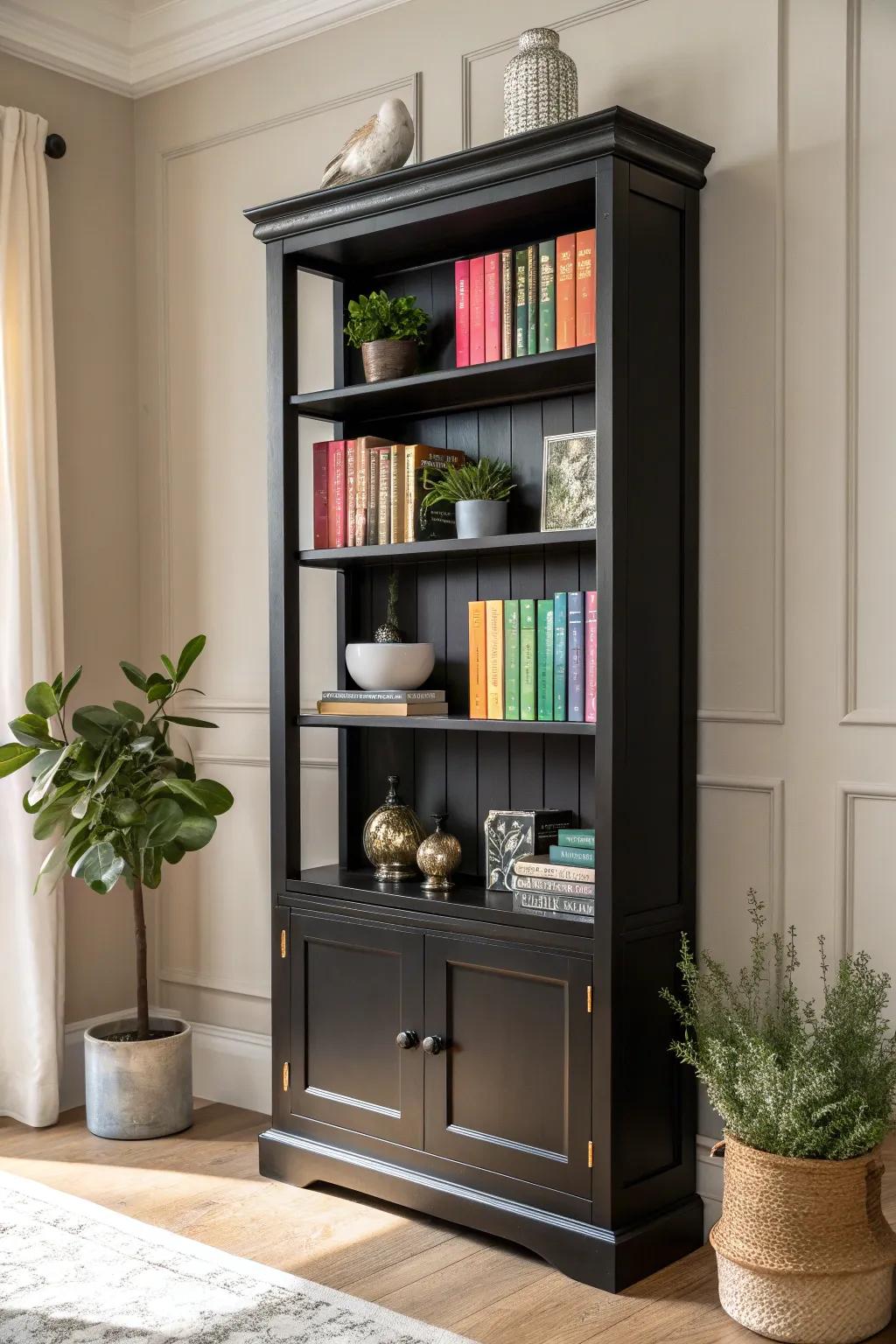 Transform your space with the timeless sophistication of a black-painted bookshelf, perfect for showcasing your favorite reads and treasures.