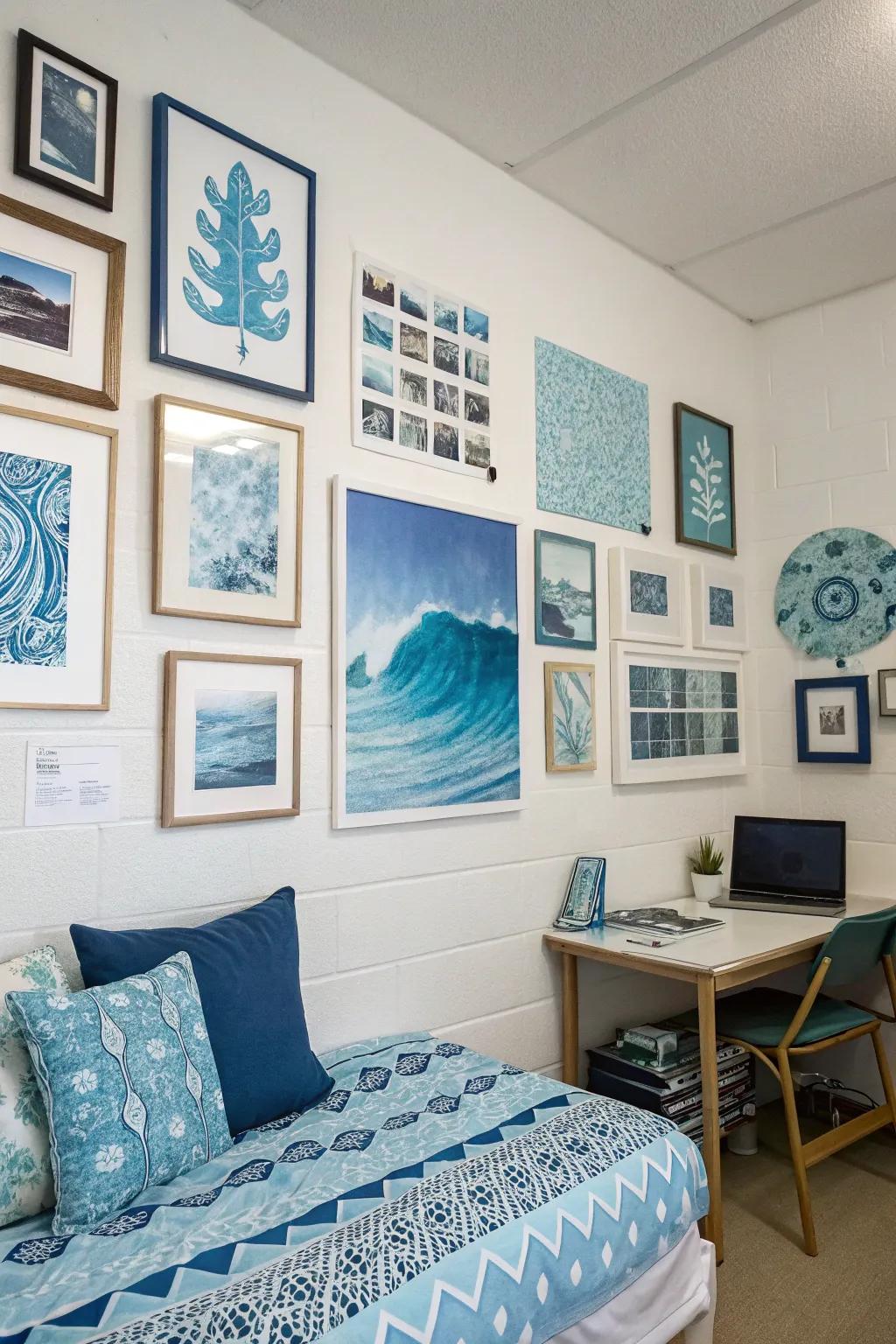 Blue wall art adds personality and interest to blank walls.