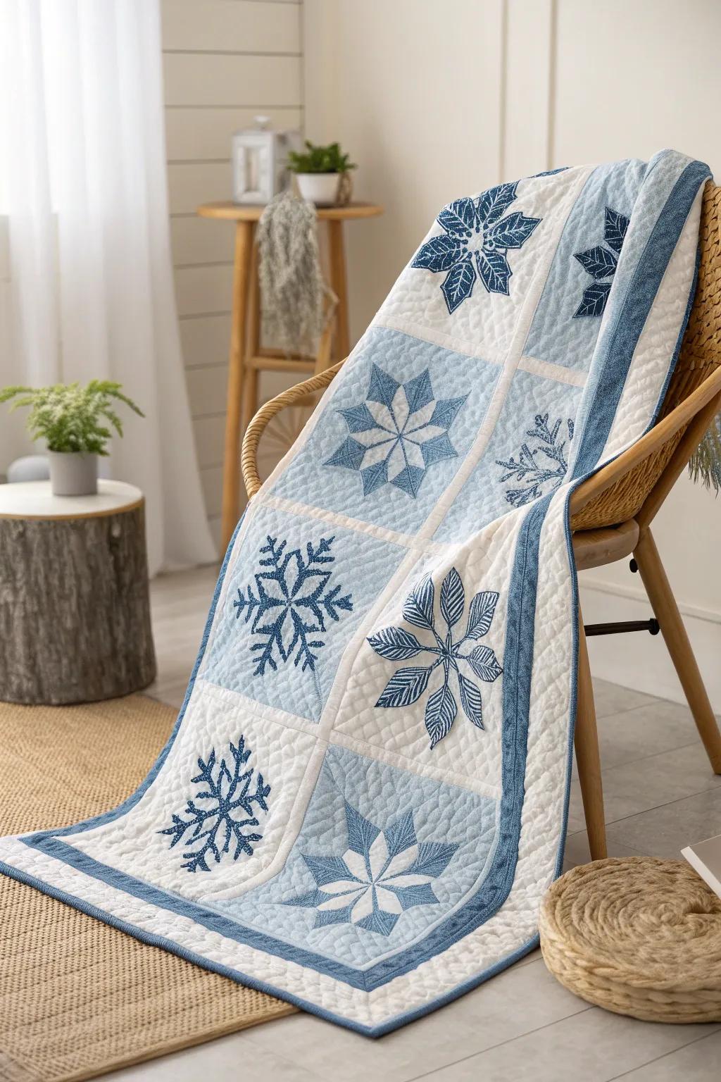 Embrace the serene beauty of winter with a cozy snowflake quilt, where craftsmanship meets minimalist elegance.